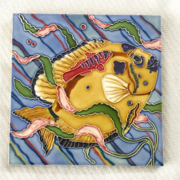 Fish Swimming Ceramic Tile 8 x 8 NEW VTG - Picture 1 of 6
